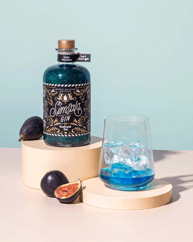 Simsala Gin mit Glitzer & neuem Farbwechsel von blau zu grün