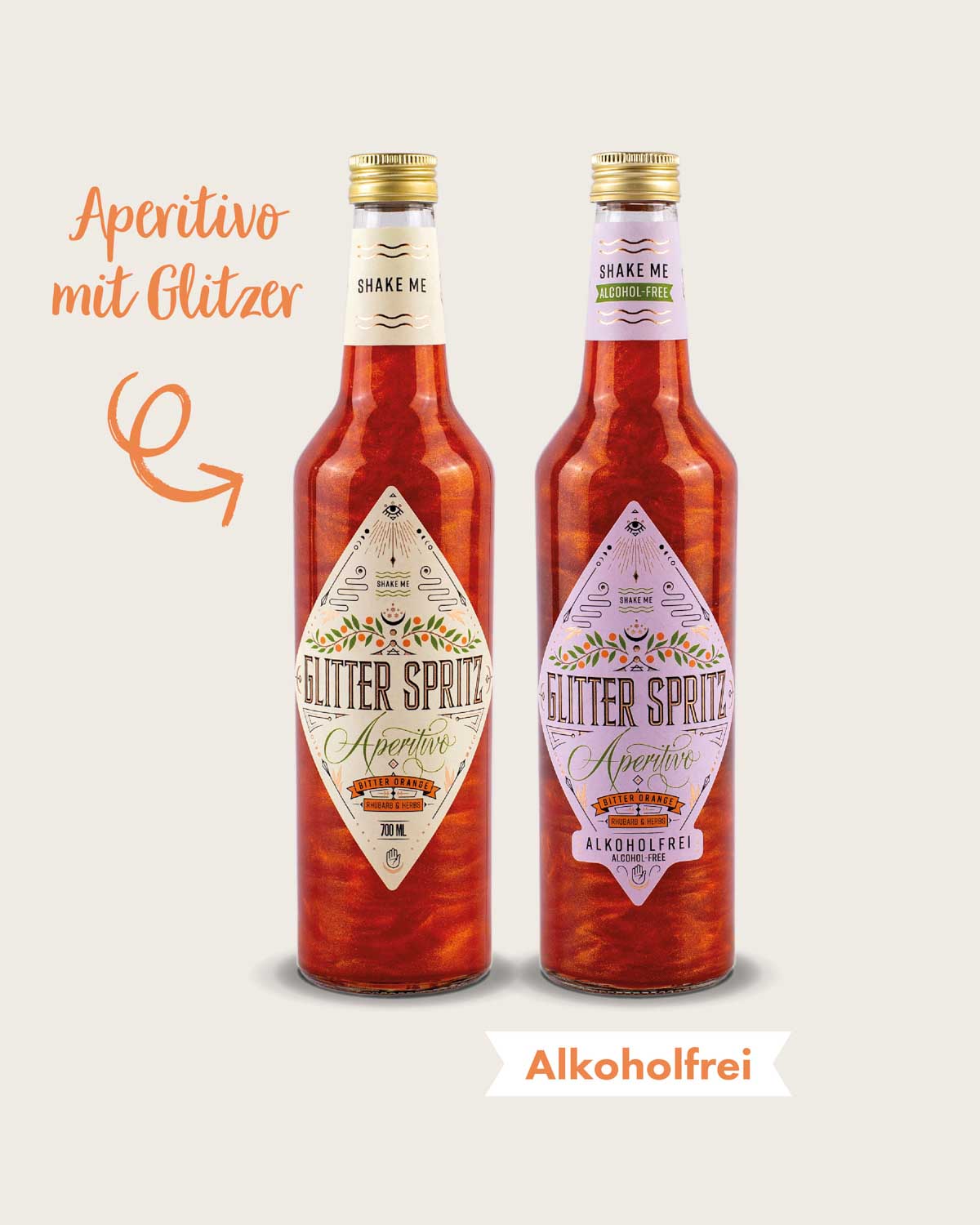 Unser Glitter Spritz Bundle beinhaltet eine Flasche Glitter Spritz sowie eine Flasche unserer alkoholfreien Variante. Ideal, um beide Versionen zu testen und sich auf eine geschmackliche Reise in den italienischen Sommer zu begeben.