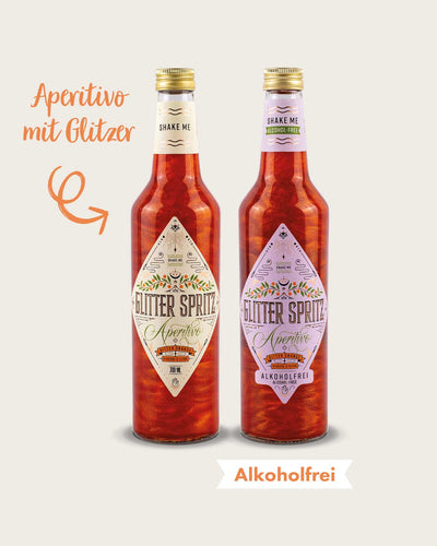 Unser Glitter Spritz Bundle beinhaltet eine Flasche Glitter Spritz sowie eine Flasche unserer alkoholfreien Variante. Ideal, um beide Versionen zu testen und sich auf eine geschmackliche Reise in den italienischen Sommer zu begeben.