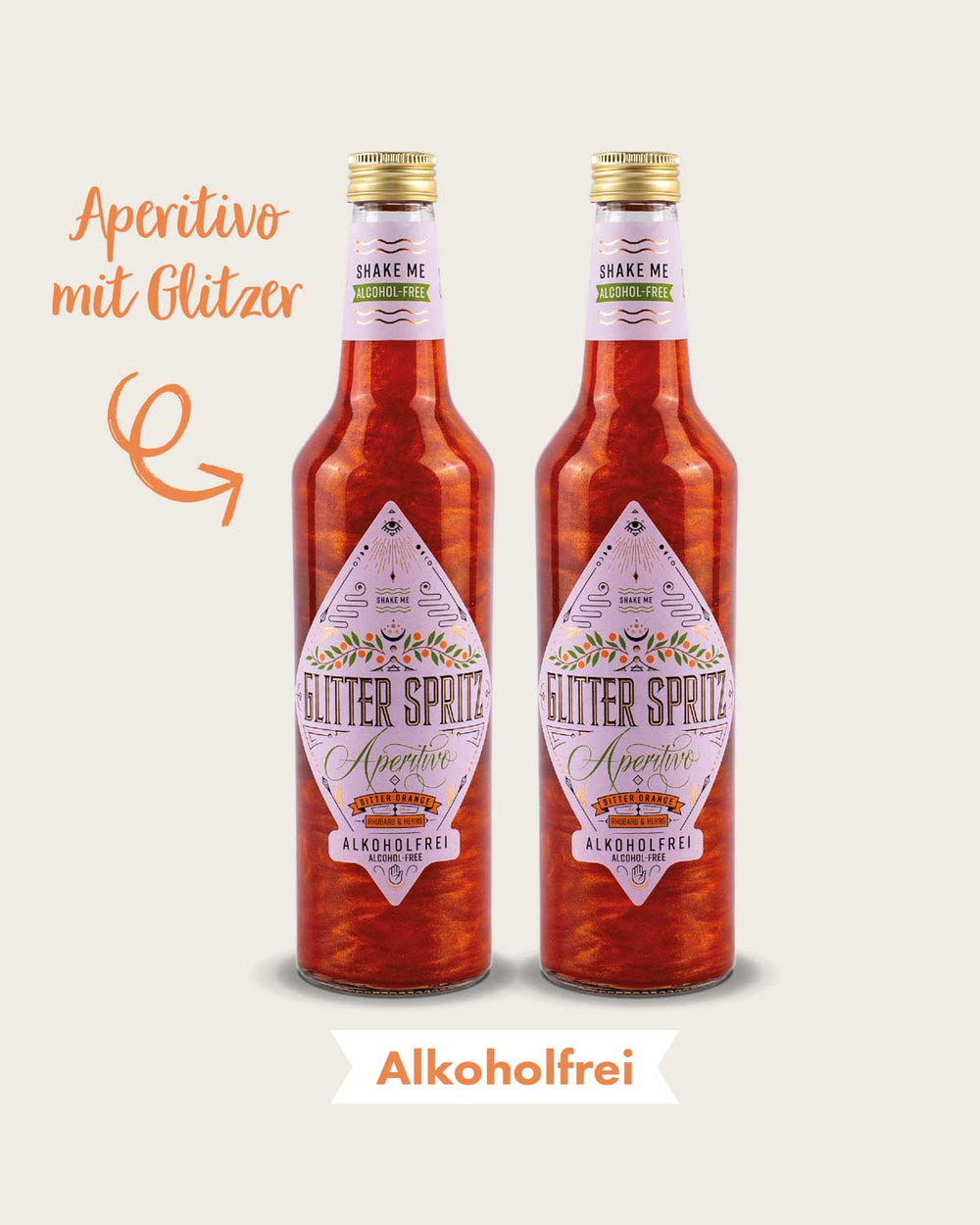 Glitter Spritz Alkoholfrei – DER alkoholfreie Glitzer Aperitif ist ein innovativer Aperitif, der mit seinem faszinierenden Glitzereffekt begeistert! Perfekt für alle Aperitif-Genießer, die auf Alkohol verzichten möchten. Mit einer Mischung aus Bitterorange, Rhabarber und Kräuter schmeckt dieser alkoholfreie Drink wie ein Schluck flüssiger Sonnenschein.