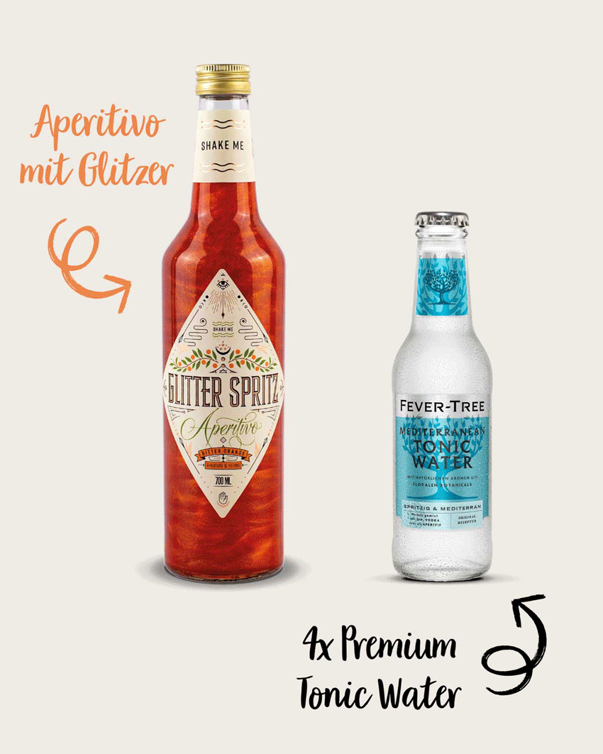 Im Aperitif & Tonic Set enthalten ist unser Glitter Spritz zusammen mit vier Flaschen exquisitem Premium Tonic. Die ideale Kombination, um sofort zu mixen und auf einen wundervollen Abend anzustoßen.