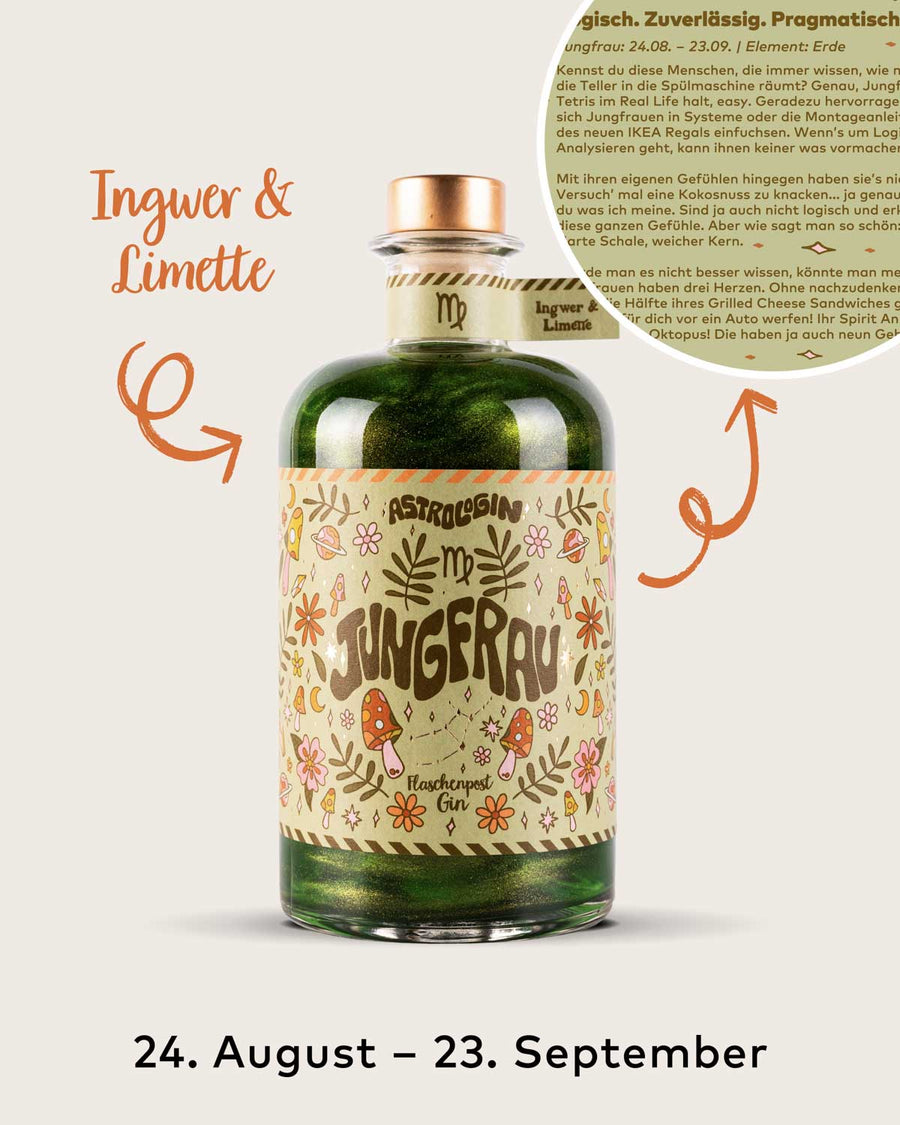 AstroloGin - Jungfrau Edition gehört zum Element Erde umfasst Geburtstage zwischen dem 24.08. bis 23.9. Mit den Botanicals Ingwer & Limette ein ganz besonderes Geschmackserlebnis – damit bekommt garantiert jeder Gin & Tonic den besonderen Kick!