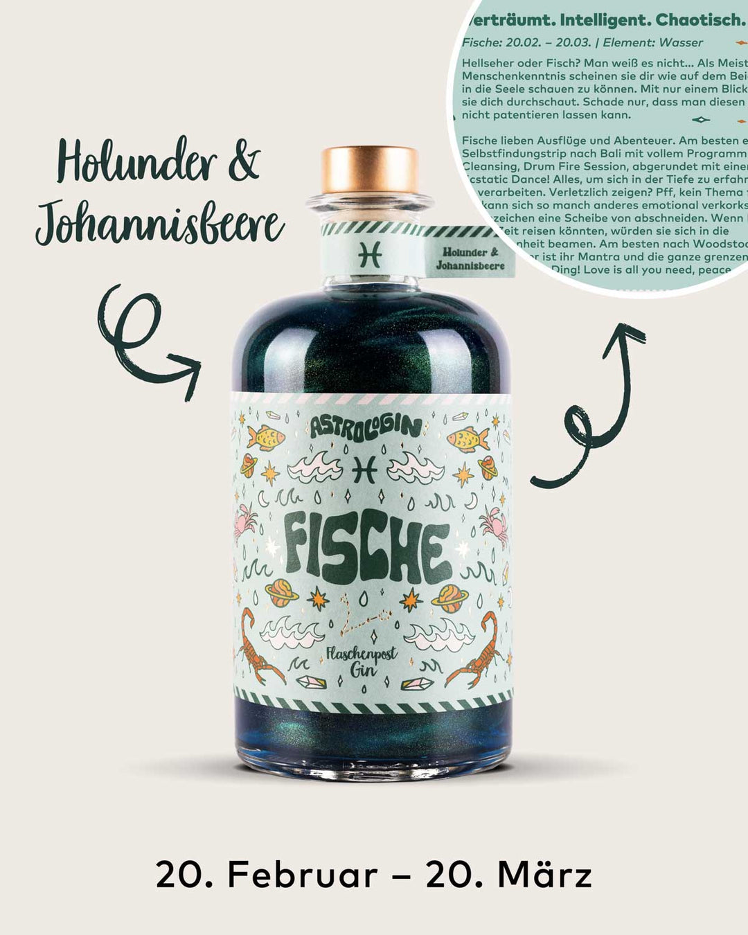 AstroloGin - Fische Edition gehört zum Element Wasser umfasst Geburtstage zwischen dem 20.02. bis 22.03. Mit den Botanicals Holunder & Johannisbeere ein ganz besonderes fruchtiges Geschmackserlebnis bei deinem nächsten Gin & Tonic!