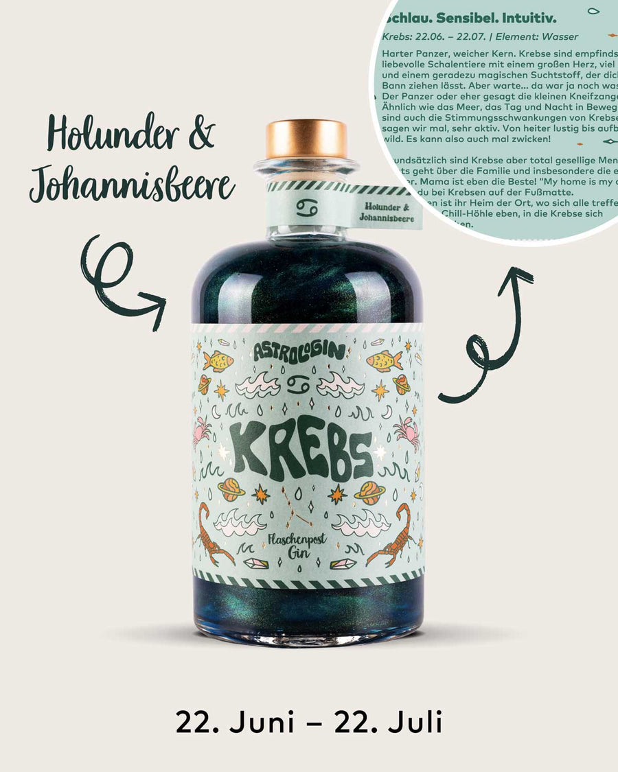 AstroloGin - Krebs Edition gehört zum Element Wasser umfasst Geburtstage zwischen dem 22.06. bis 22.7. Mit den Botanicals Holunder & Johannisbeere ein ganz besonderes fruchtiges Geschmackserlebnis bei deinem nächsten Gin & Tonic!