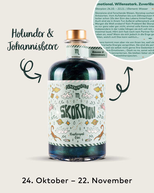AstroloGin - Skorpion Edition gehört zum Element Wasser umfasst Geburtstage zwischen dem 24.10. bis 22.11. Mit den Botanicals Holunder & Johannisbeere ein ganz besonderes fruchtiges Geschmackserlebnis bei deinem nächsten Gin & Tonic!