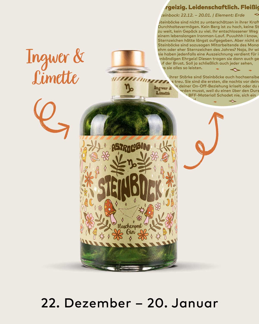AstroloGin - Steinbock Edition gehört zum Element Erde umfasst Geburtstage zwischen dem 22.12. bis 20.1. Mit den Botanicals Ingwer & Limette ein ganz besonderes Geschmackserlebnis – damit bekommt garantiert jeder Gin & Tonic den besonderen Kick!