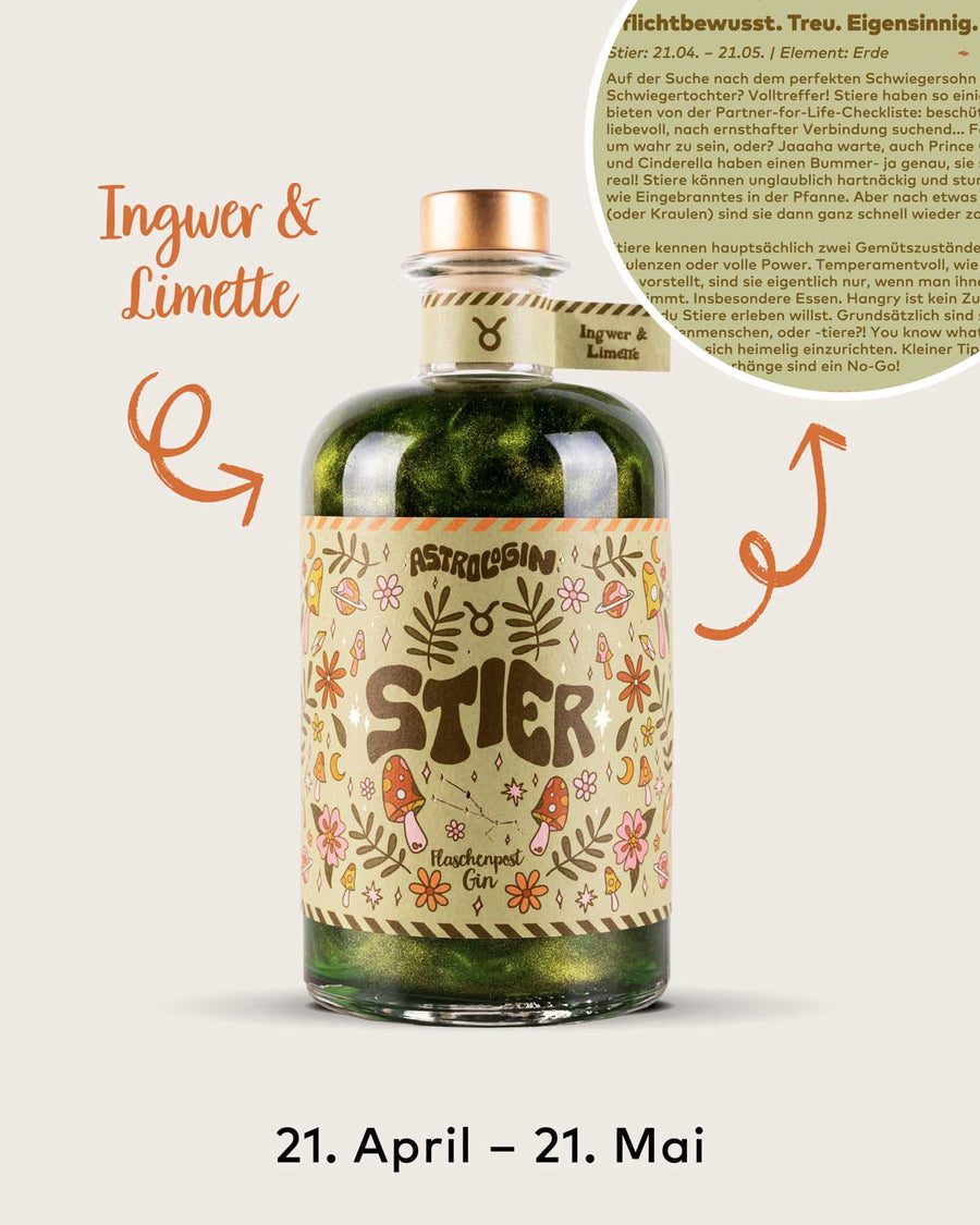 AstroloGin - Stier Edition gehört zum Element Erde & umfasst Geburtstage zwischen dem 21.04. bis 21.5. Mit den Botanicals Ingwer & Limette ein ganz besonderes Geschmackserlebnis – damit bekommt garantiert jeder Gin & Tonic den besonderen Kick
