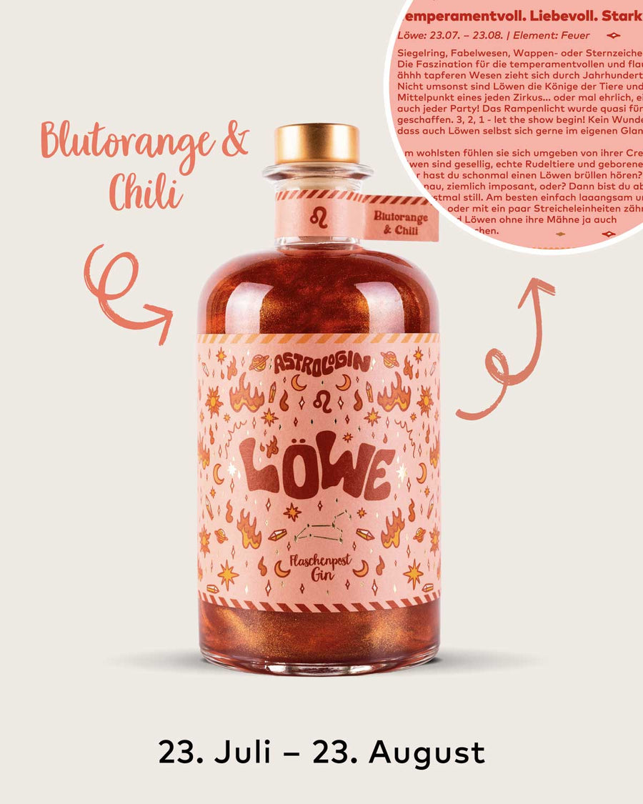 AstroloGin - Löwe Edition gehört zum Element Feuer & umfasst Geburtstage zwischen dem 23.07. bis 23.08. Mit den Botanicals Blutorange & Chili ein ganz besonderes Geschmackserlebnis – damit ist garantiert jeder Drink ON FIRE!