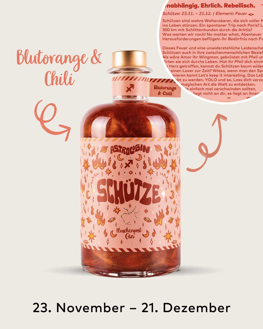 AstroloGin - Schütze Edition gehört zum Element Erde & umfasst Geburtstage zwischen dem 23.11. bis 21.12. Mit den Botanicals Blutorange & Chili ein ganz besonderes Geschmackserlebnis – damit ist garantiert jeder Drink ON FIRE!