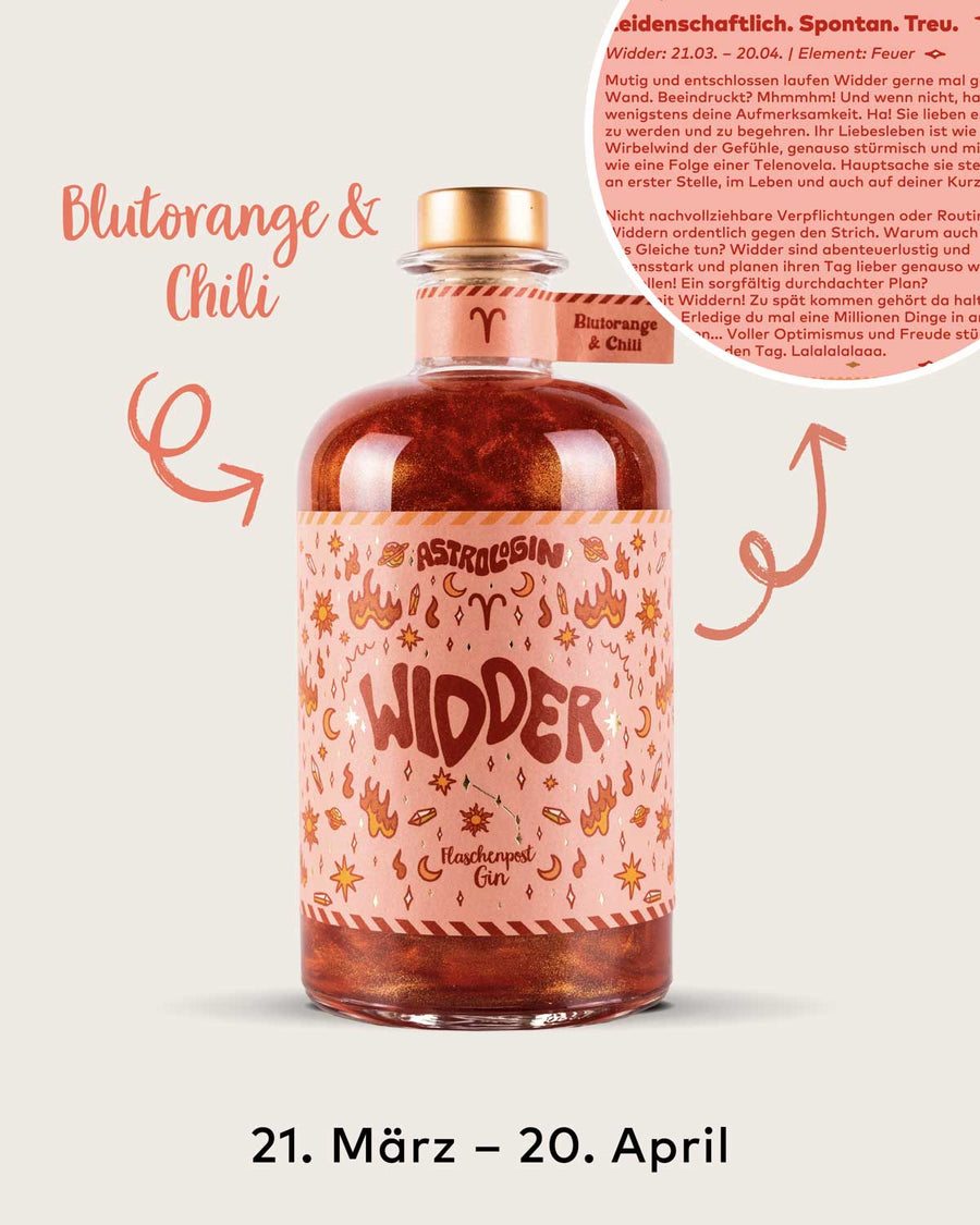 AstroloGin - Widder Edition gehört zum Element Feuer & umfasst Geburtstage zwischen dem 21.03. bis 20.04. Mit den Botanicals Blutorange & Chili ein ganz besonderes Geschmackserlebnis – damit ist garantiert jeder Drink ON FIRE!