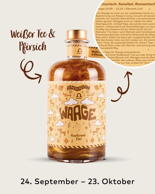 AstroloGin - Waage Edition gehört zum Element Luft umfasst Geburtstage zwischen dem 24.09. bis 23.10. Mit den Botanicals Weißer Tee & Pfirsich ein ganz besonderes Geschmackserlebnis – damit wird garantiert jeder Gin & Tonic etwas ganz Besonderes!