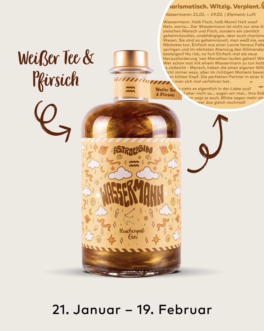AstroloGin - Wassermann Edition gehört zum Element Luft umfasst Geburtstage zwischen dem 21.01. bis 19.2. Mit den Botanicals Weißer Tee & Pfirsich ein ganz besonderes Geschmackserlebnis – damit wird garantiert jeder Gin & Tonic etwas ganz Besonderes!