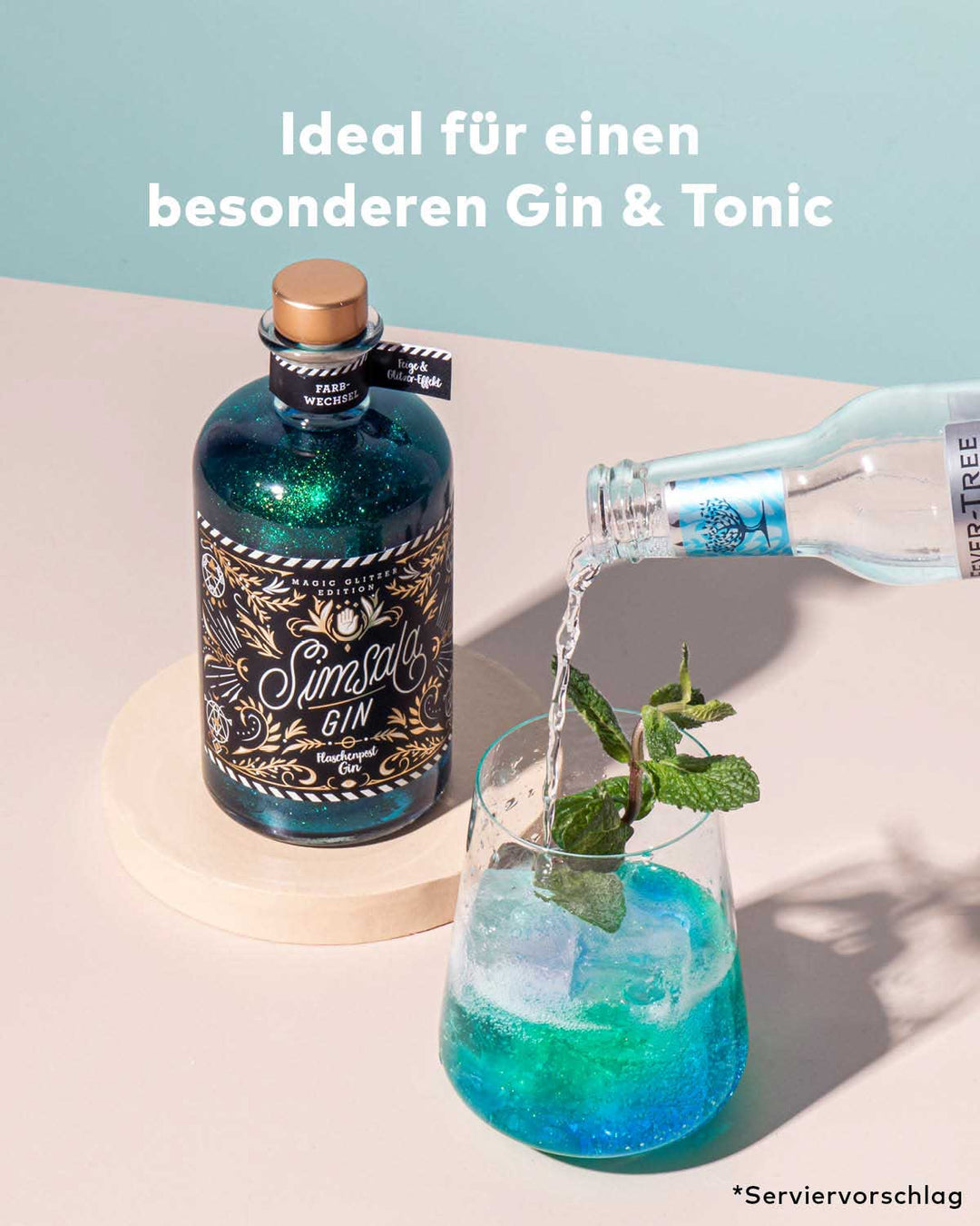 Simsala Gin® - Magic Glitzer Edition mit Farbwechsel von blau zu grün - Feige & Glitzer