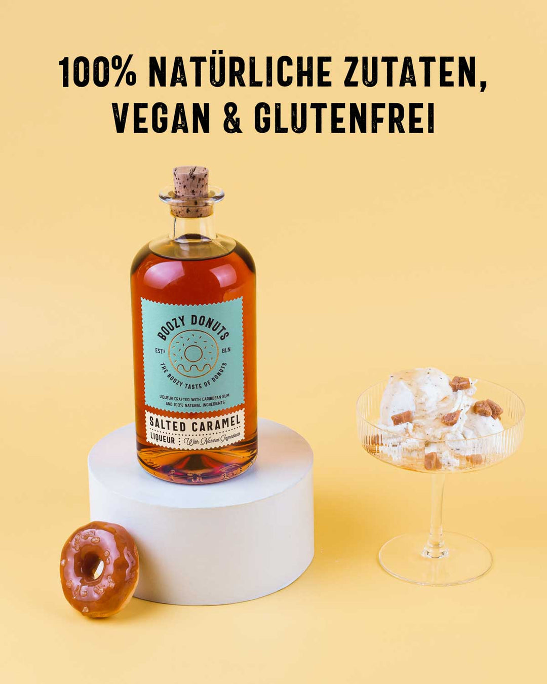 Bei der Kreation unseres Boozy Donuts Likör Salted Caramel haben wir ebenfalls sichergestellt, dass er aus 100% natürlichen Zutaten besteht, vegan und glutenfrei ist.