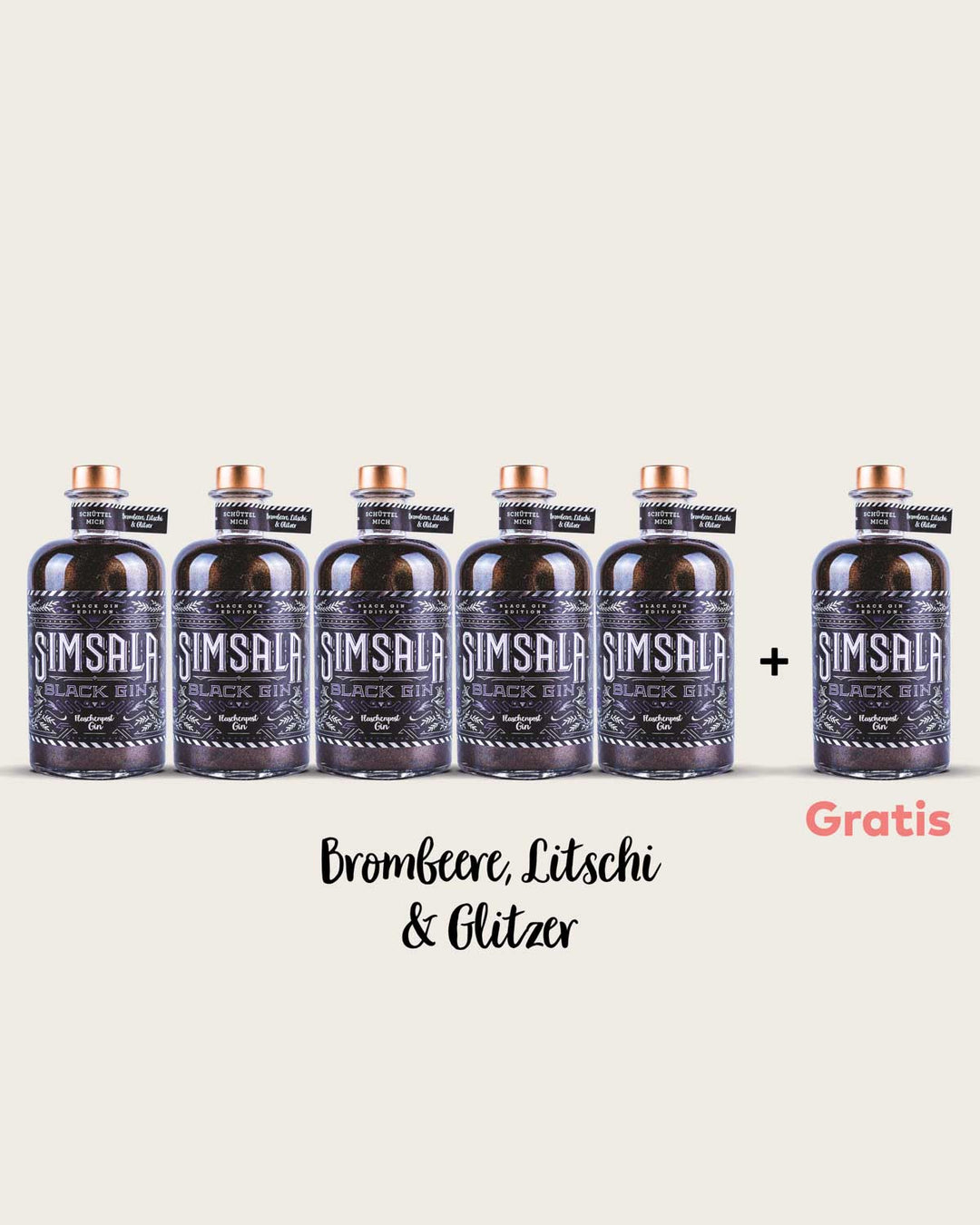 5+1 Deal - Simsala Black Gin mit Glitzer (Brombeere & Litschi)