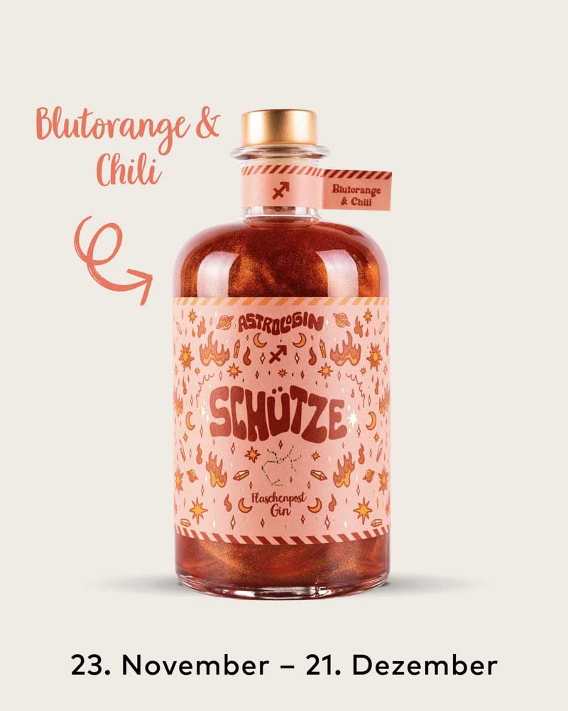 AstroloGin - Schütze Edition gehört zum Element Erde & umfasst Geburtstage zwischen dem 23.11. bis 21.12. Mit den Botanicals Blutorange & Chili ein ganz besonderes Geschmackserlebnis – damit ist garantiert jeder Drink ON FIRE!