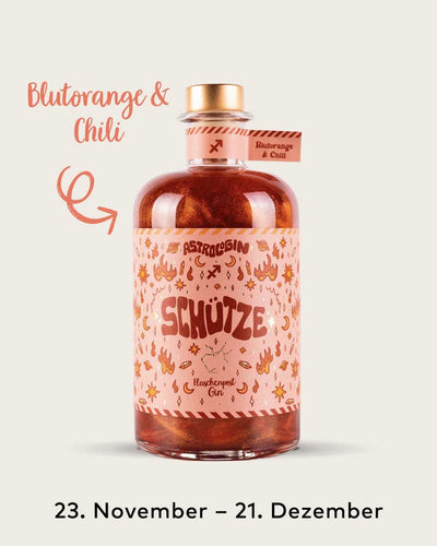 AstroloGin - Schütze Edition gehört zum Element Erde & umfasst Geburtstage zwischen dem 23.11. bis 21.12. Mit den Botanicals Blutorange & Chili ein ganz besonderes Geschmackserlebnis – damit ist garantiert jeder Drink ON FIRE!