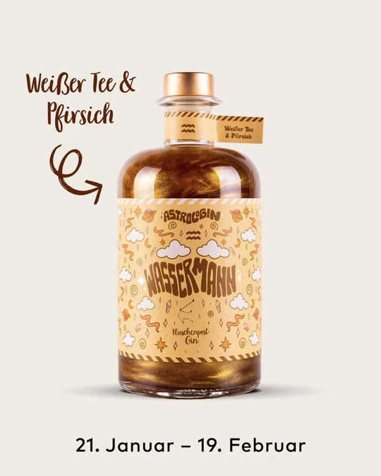 AstroloGin - Wassermann Edition gehört zum Element Luft umfasst Geburtstage zwischen dem 21.01. bis 19.2. Mit den Botanicals Weißer Tee & Pfirsich ein ganz besonderes Geschmackserlebnis – damit wird garantiert jeder Gin & Tonic etwas ganz Besonderes! 