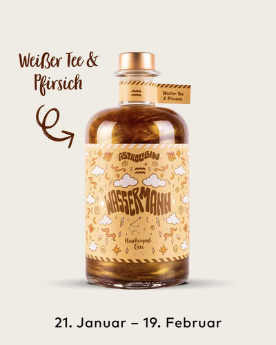AstroloGin - Wassermann Edition gehört zum Element Luft umfasst Geburtstage zwischen dem 21.01. bis 19.2. Mit den Botanicals Weißer Tee & Pfirsich ein ganz besonderes Geschmackserlebnis – damit wird garantiert jeder Gin & Tonic etwas ganz Besonderes! 