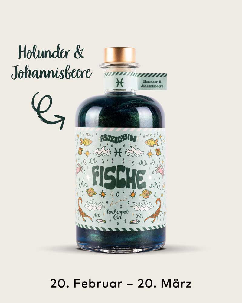 AstroloGin - Fische Edition gehört zum Element Wasser umfasst Geburtstage zwischen dem 20.02. bis 22.03. Mit den Botanicals Holunder & Johannisbeere ein ganz besonderes fruchtiges Geschmackserlebnis bei deinem nächsten Gin & Tonic!