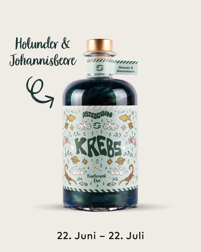 AstroloGin - Krebs Edition gehört zum Element Wasser umfasst Geburtstage zwischen dem 22.06. bis 22.7. Mit den Botanicals Holunder & Johannisbeere ein ganz besonderes fruchtiges Geschmackserlebnis bei deinem nächsten Gin & Tonic!