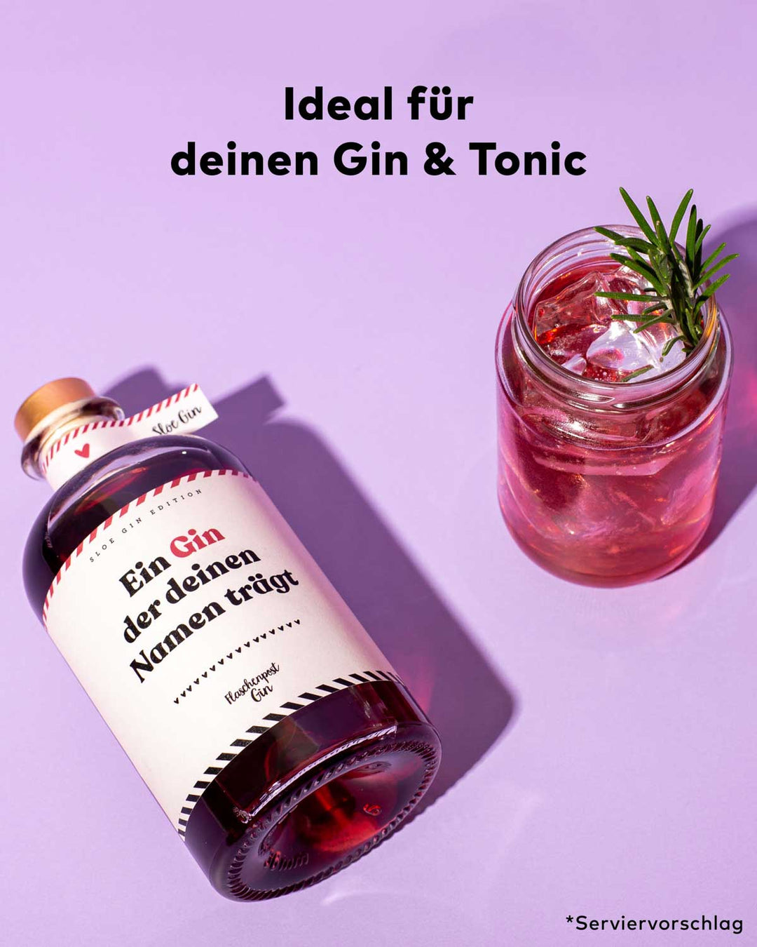 Der Gin mit individuellem Namen auf dem Etikett - unser roter Sloe Gin aus Schlehenbeeren. Perfekt für einen besonderen Gin und Tonic.