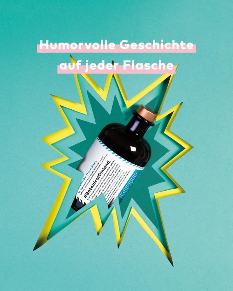 Jede Flasche von Flaschenpost Gin ist mit einzigartigen und humorvollen Geschichten versehen.