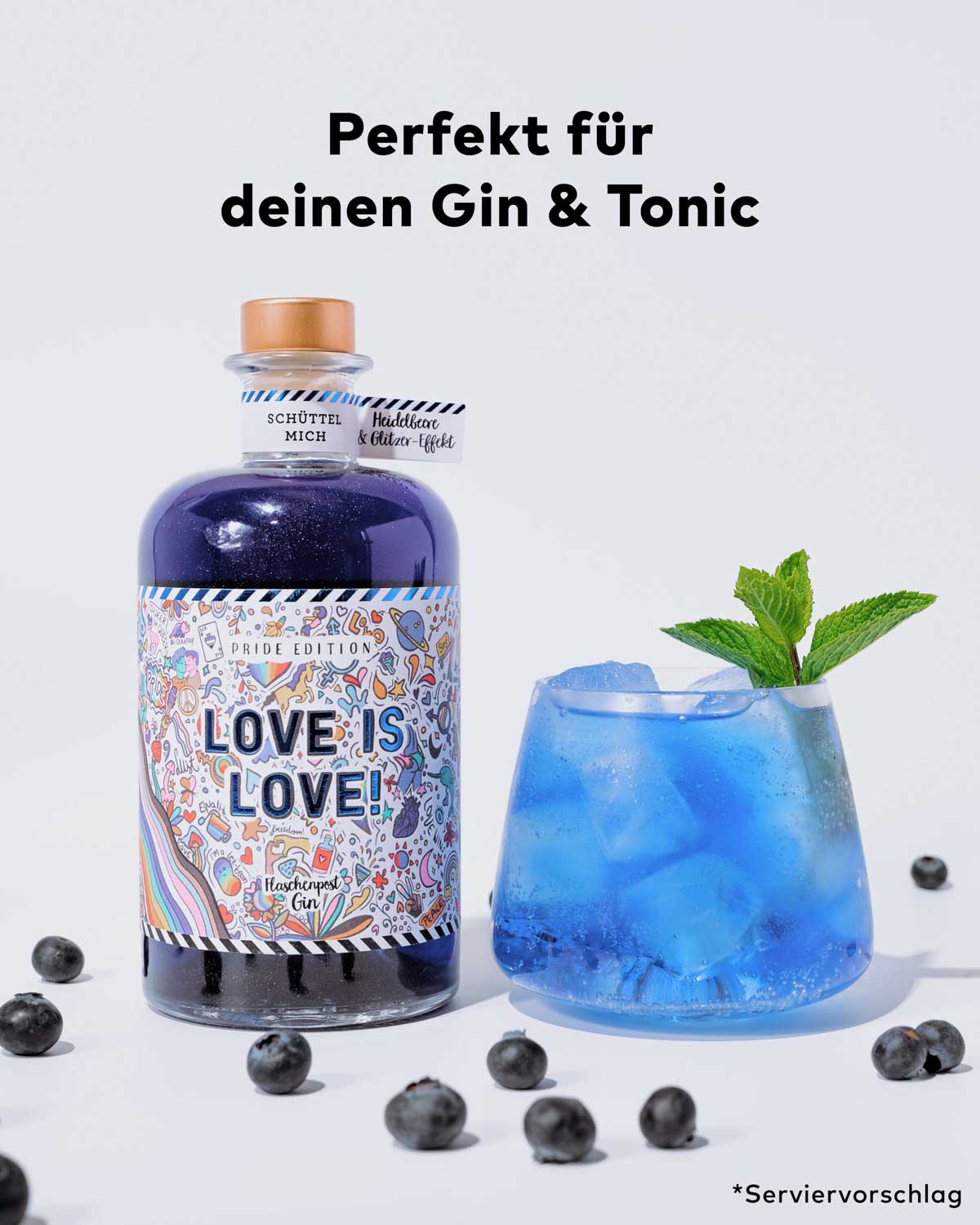 Unser besonderer Statement Gin trägt die Botschaft "Love is Love". Seine markante blaue Farbe und der fesselnde Glitzer-Effekt machen ihn zur perfekten Ergänzung für deinen Gin & Tonic.