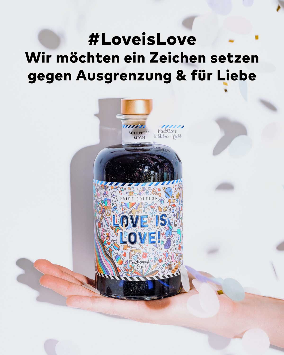 Die Flaschenpost Gin Pride Edition setzt mit ihrem inspirierenden Motto und dem Hashtag "Love is Love" ein starkes Statement gegen Ausgrenzung und für Liebe. Unser Ziel ist es, die Botschaft der Akzeptanz und Vielfalt zu verbreiten und Menschen zusammenzubringen.