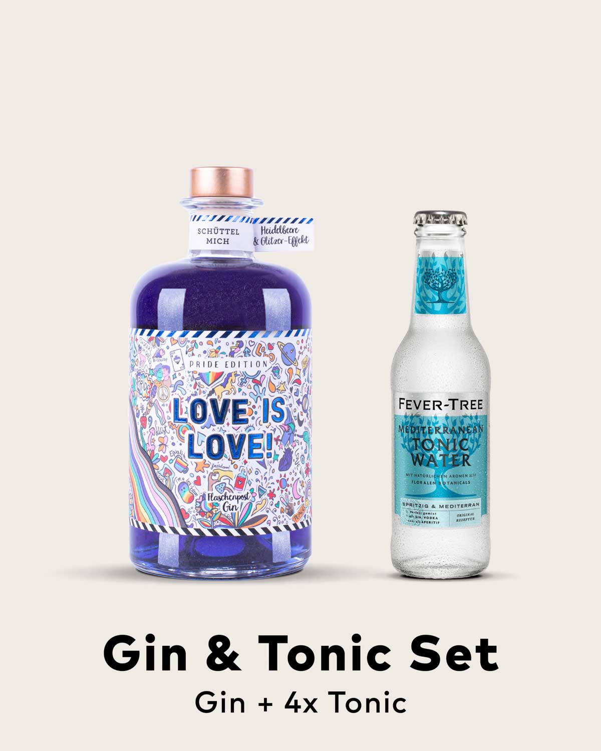 Unsere Pride Edition begeistert mit einem fruchtigen Hauch von Heidelbeere und einem faszinierenden Glitzer-Effekt. Und damit du das perfekte Gin Tonic Erlebnis genießen kannst, haben wir in unserem Set gleich vier Flaschen Premium Tonic Water von Fevertree für dich dabei. Eine unschlagbare Kombination.