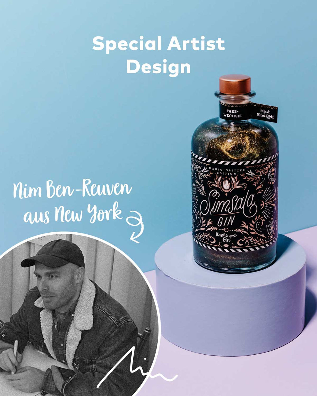 Der Künstler und Designer Nim Ben-Reuven aus New York hat seine ganze Leidenschaft in das Design der neuesten Simsala Gin Magic Edition von Flaschenpost Gin gesteckt, um ein wahrhaft magisches Kunstwerk zu schaffen. | Die Flasche bezaubert mit einem dunklen Etikett und goldenen Designelementen, die das Auge ansprechen.