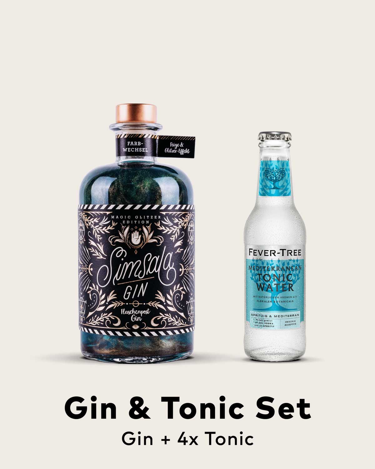 Die neue Simsala Gin Magic Edition mit Glitzer von Flaschenpost Gin verzaubert mit Glitzer und Farbwechsel | Die Apothekerflasche mit magischem Labeldesign und passendem Premium Tonic Water von Fever-Tree