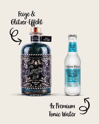 Die neue Simsala Gin Magic Edition mit Glitzer von Flaschenpost Gin überzeugt mit magischem Botanical Feige und einem ganz besonderen Glitzer-Effekt. | Die Apothekerflasche mit magischem Labeldesign und passendem Premium Tonic Water von Fever-Tree. 