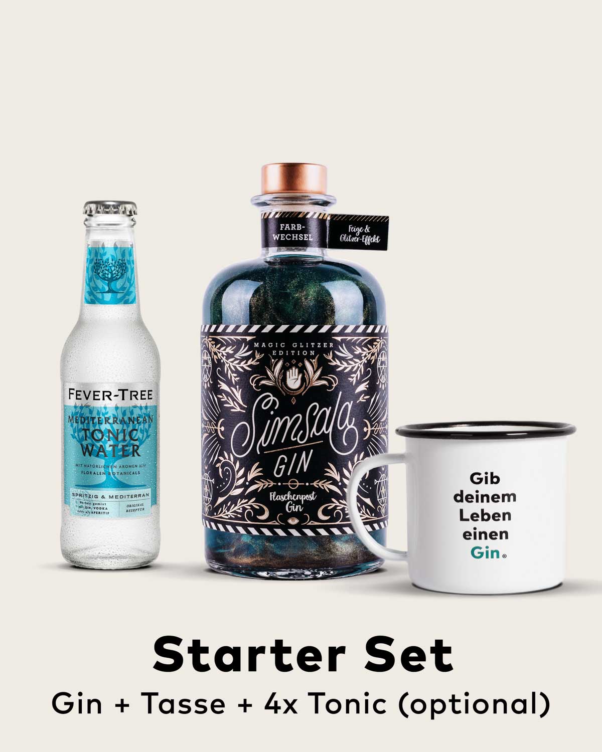 Die neue Simsala Gin Magic Edition mit Glitzer von Flaschenpost Gin verzaubert mit Glitzer und Farbwechsel | Die Apothekerflasche mit magischem Labeldesign und passend dazu die Vintage Emaille Tasse mit dem humorvollen Spruch Gib deinem Leben einen Gin und Premium Tonic Water von Fever-Tree.