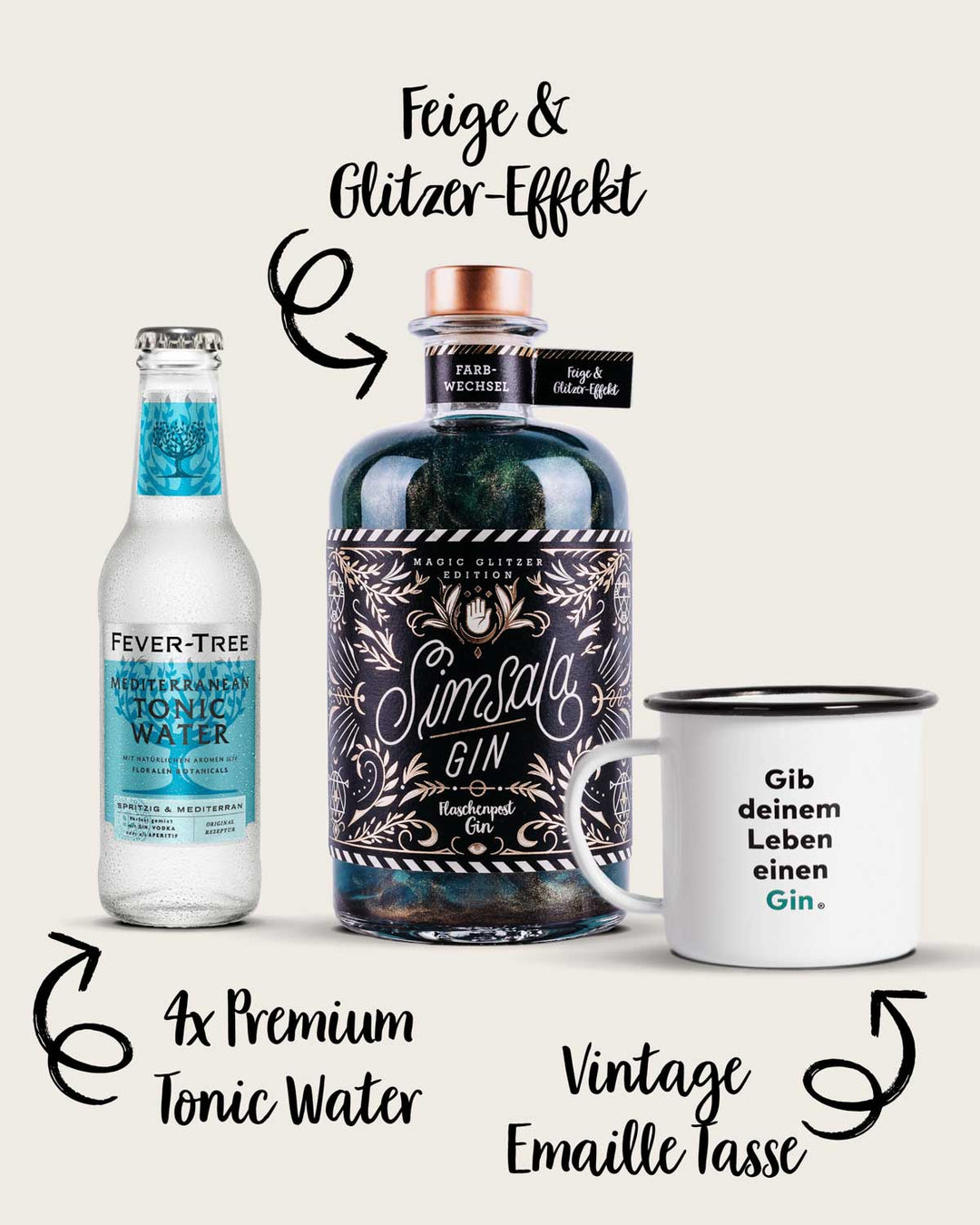 Die neue Simsala Gin Magic Edition mit Glitzer von Flaschenpost Gin überzeugt mit magischem Botanical Feige und einem ganz besonderen Glitzer-Effekt. Die Apothekerflasche mit magischem Labeldesign und passend dazu die Vintage Emaille Tasse mit dem humorvollen Spruch Gib deinem Leben einen Gin und Premium Tonic Water von Fever-Tree.            Etwas notieren          Umschalttaste + Eingabetaste zum Hinzufügen einer neuen Zeile Thread Maite