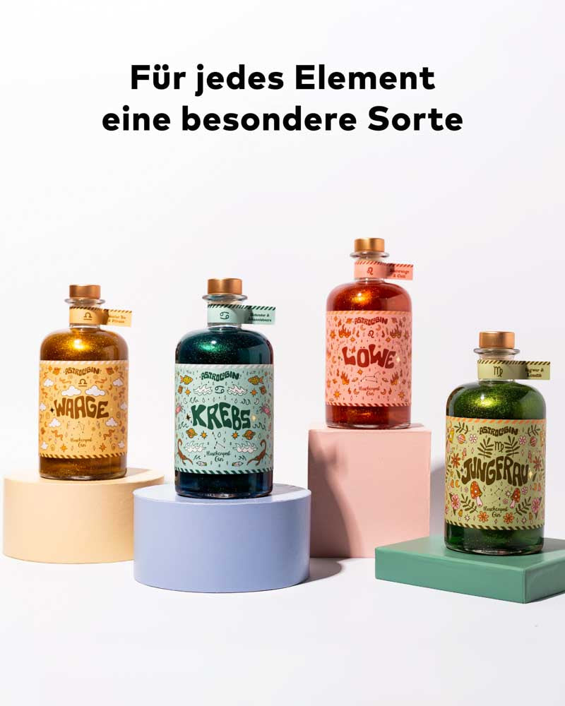 Mit unserem glitzernden AstroloGin gibt es zusätzlich zu den verschiednen Design & humorvollen Stories für jedes Element eine eigene passende Geschmacksrichtung.