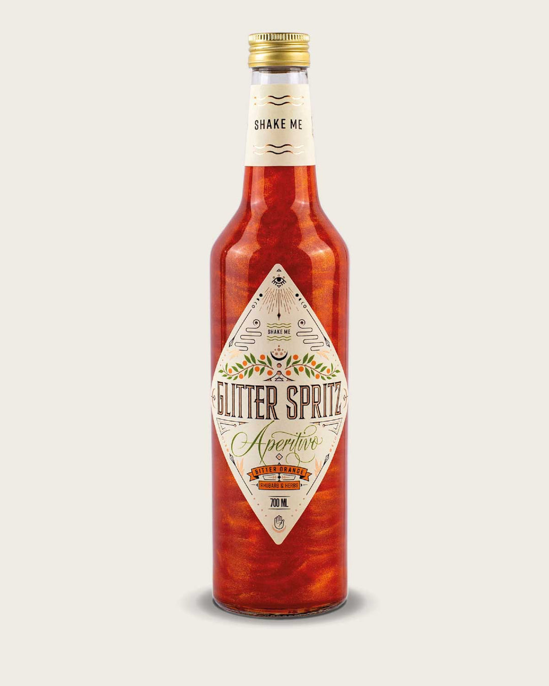 Unser Glitzer Spritz ohne Alkohol. Ein innovativer Aperitif, der mit seinem faszinierenden Glitzereffekt begeistert! Perfekt für werdende Mamas, stillende Superheldinnen und alle, die auf Alkohol verzichten wollen. Mit einer Mischung aus Bitterorange, Rhabarber und Kräuter schmeckt dieser Drink wie ein Schluck flüssiger Sonnenschein.