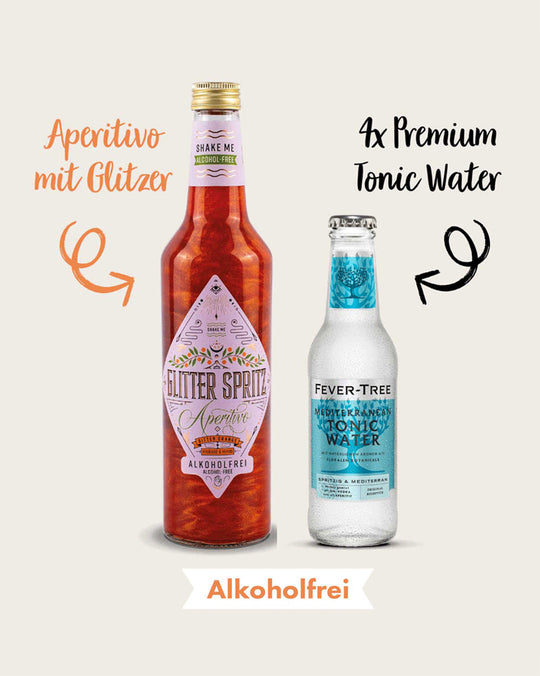 Im alkoholfreien Aperitif & Tonic Set enthalten ist unser Glitter Spritz zusammen mit vier Flaschen exquisitem Premium Tonic. Die ideale Kombination, um sofort zu mixen und auf einen wundervollen Abend anzustoßen.