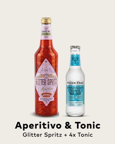 Im alkoholfreien Aperitif & Tonic Set enthalten ist unser Glitter Spritz zusammen mit vier Flaschen exquisitem Premium Tonic. Die ideale Kombination, um sofort zu mixen und auf einen wundervollen Abend anzustoßen.
