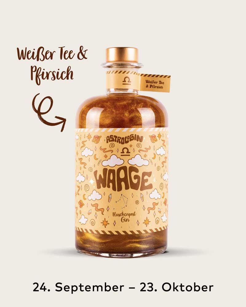 AstroloGin - Waage Edition gehört zum Element Luft umfasst Geburtstage zwischen dem 24.09. bis 23.10. Mit den Botanicals Weißer Tee & Pfirsich ein ganz besonderes Geschmackserlebnis – damit wird garantiert jeder Gin & Tonic etwas ganz Besonderes! 