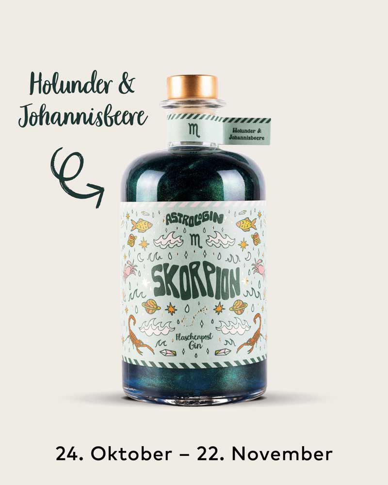 AstroloGin - Skorpion Edition gehört zum Element Wasser umfasst Geburtstage zwischen dem 24.10. bis 22.11. Mit den Botanicals Holunder & Johannisbeere ein ganz besonderes fruchtiges Geschmackserlebnis bei deinem nächsten Gin & Tonic!