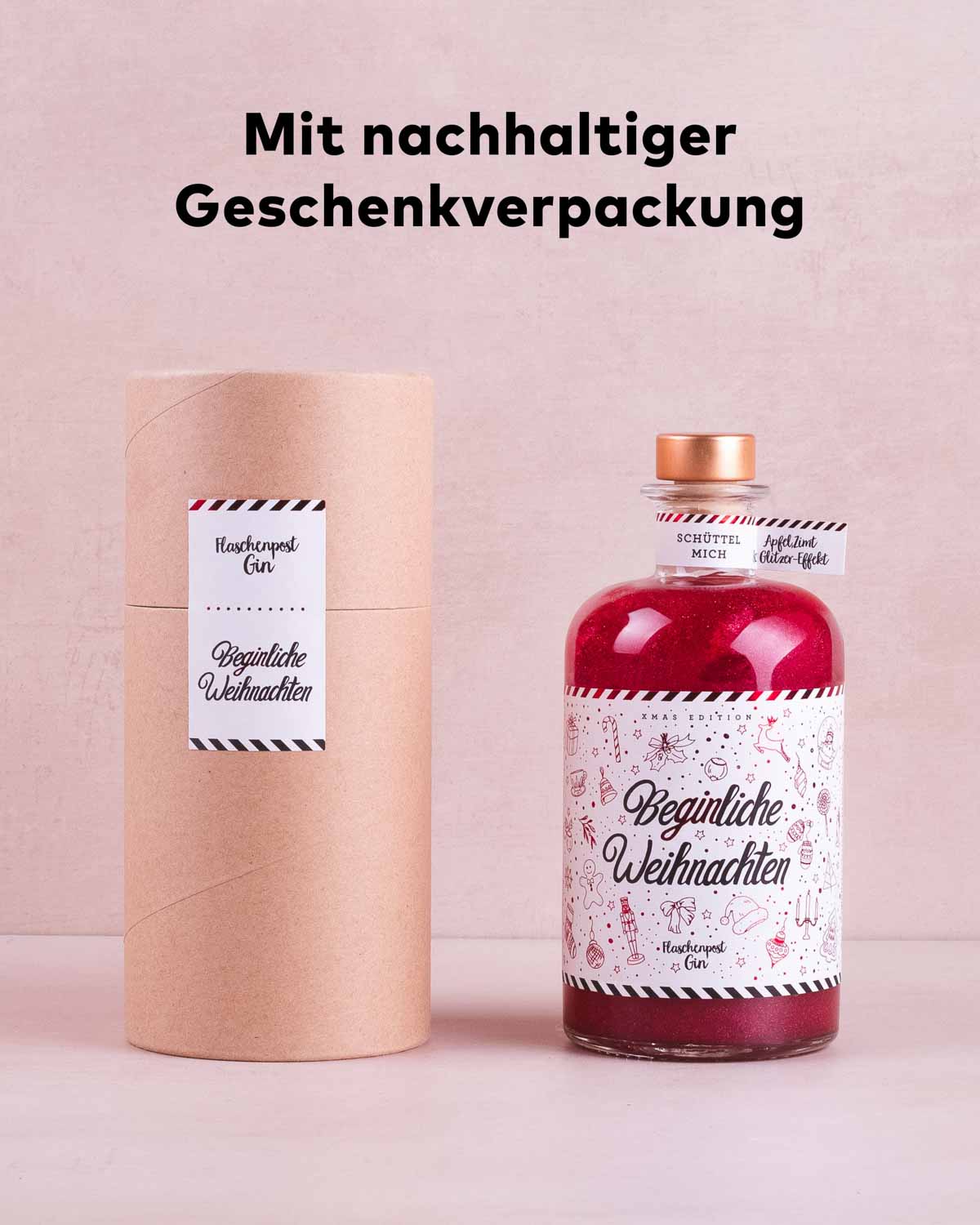 Links im Bild steht die nachhaltige Geschenkverpackung vor neutralem Hintergrund, rechts daneben die dazugehörige Beginliche Weihnachten Limited Edition.