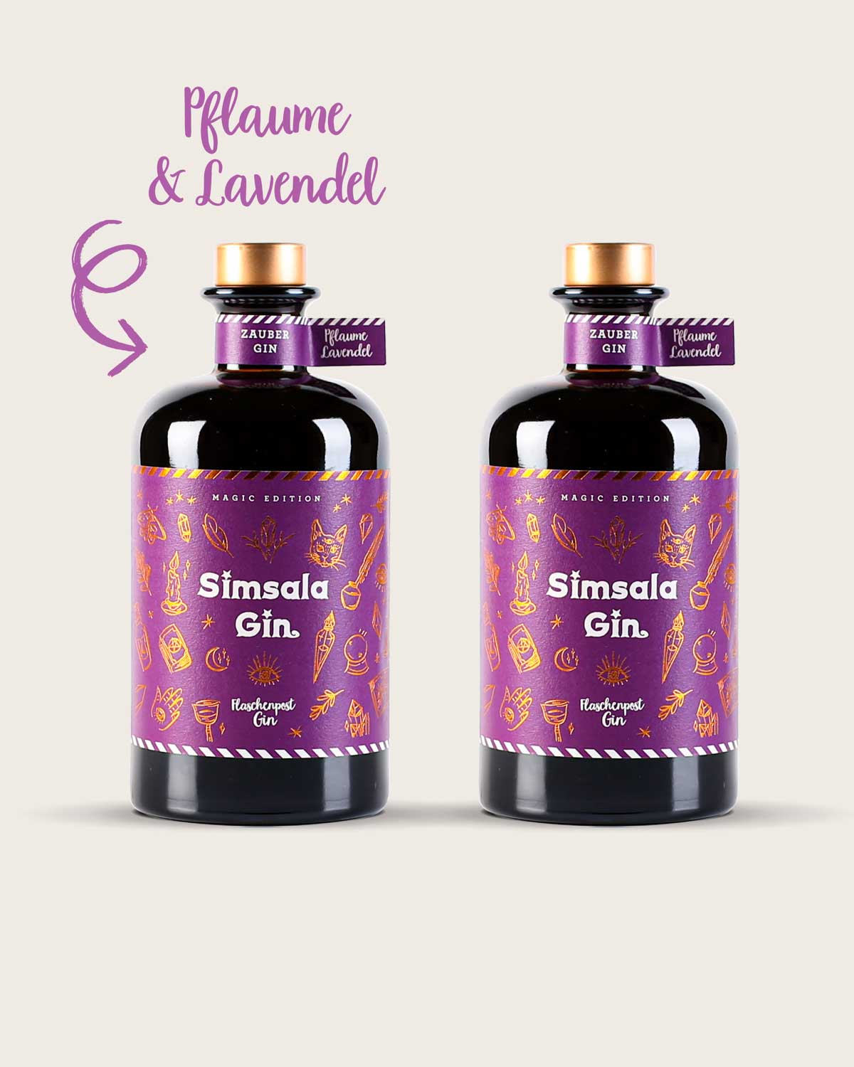 Zwei zauberhafte Flaschen unseres Simsala Gins mit Farbwechsel im Set. Diese Magic Edition ändert die Farbe von Blau zu Lila, sobald du Tonic hinzugibst. Die Botanicals sind Pflaume und Lavendel. 