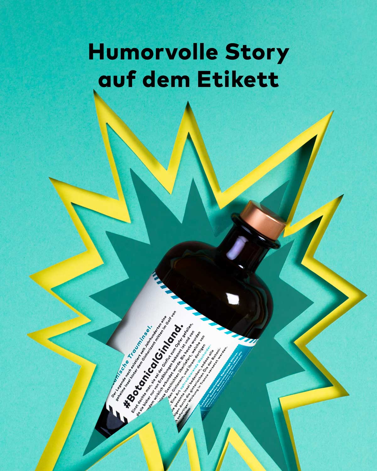Unser Flaschenpost Gin "Gib deinem Leben einen Gin" hat eine humorvolle Story auf der Rückseite des Etiketts. Schmunzeln und Lacher sind garantiert. 
