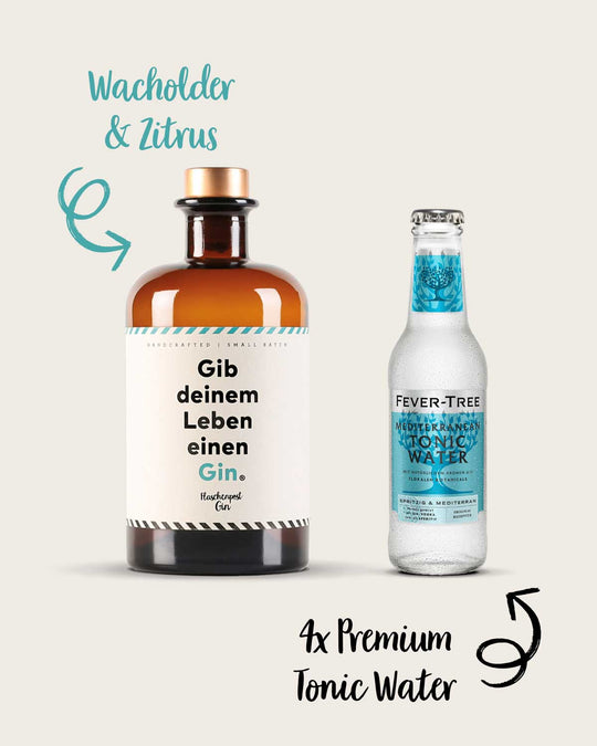 Entdecke unseren zeitlosen Favoriten von Flaschenpost Gin im Gin und Tonic Set. Die Botanicals Wacholder und Zitrus verleihen ihm seine besondere Note. Das Set umfasst eine Flasche unseres Gins mit der witzigen Aufschrift "Gib deinem Leben einen Gin" und vier Flaschen Fever-Tree Tonic Water.