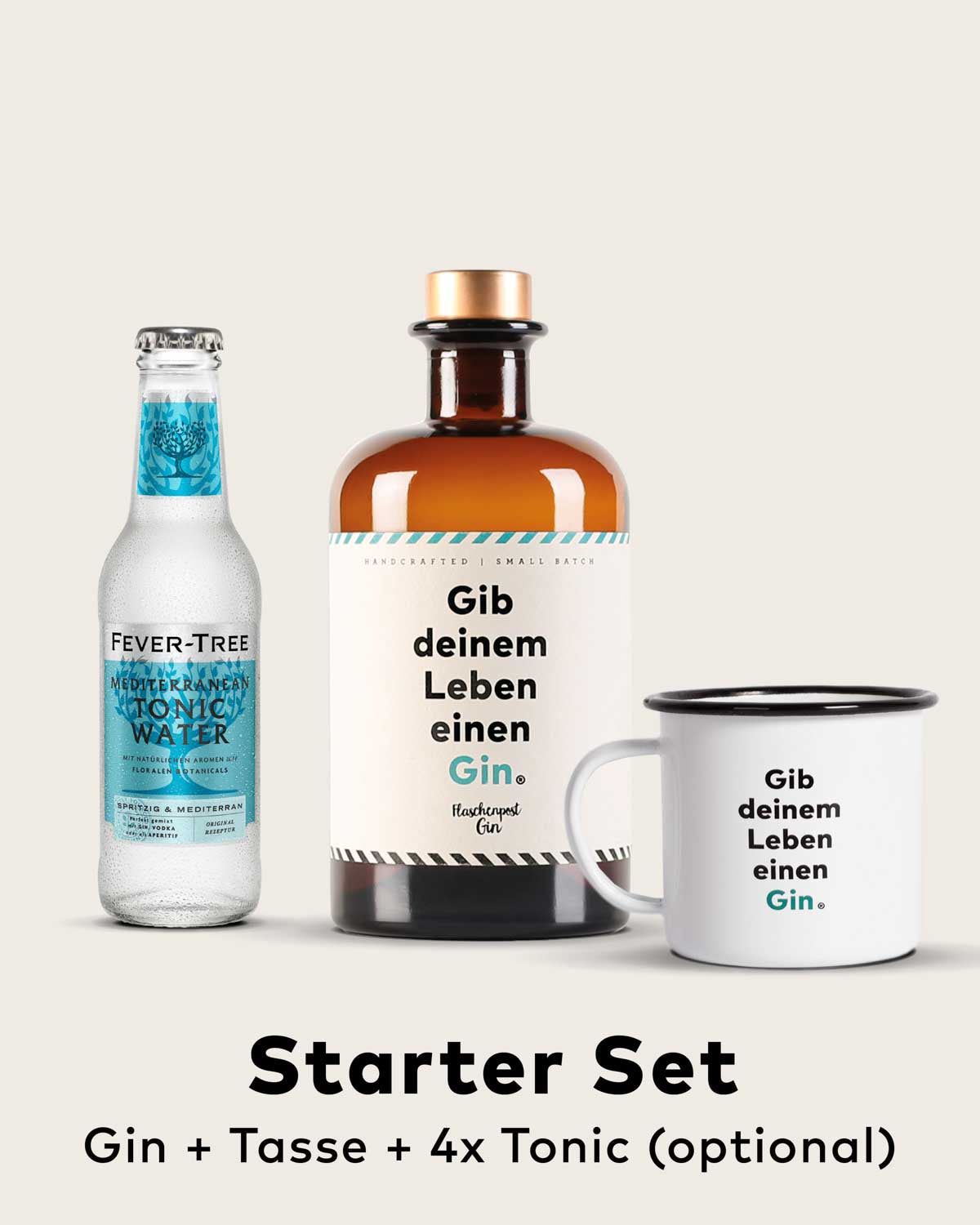 Das "Gib deinem Leben einen Gin" Starter-Pack, mit einer Flasche Gin, viermal FeverTree Tonic und der Vintage Camper Tasse mit dem passenden Spruch "Gib deinem Leben einen Gin". Perfekt ausgestattet für deinen Gin & Tonic. 