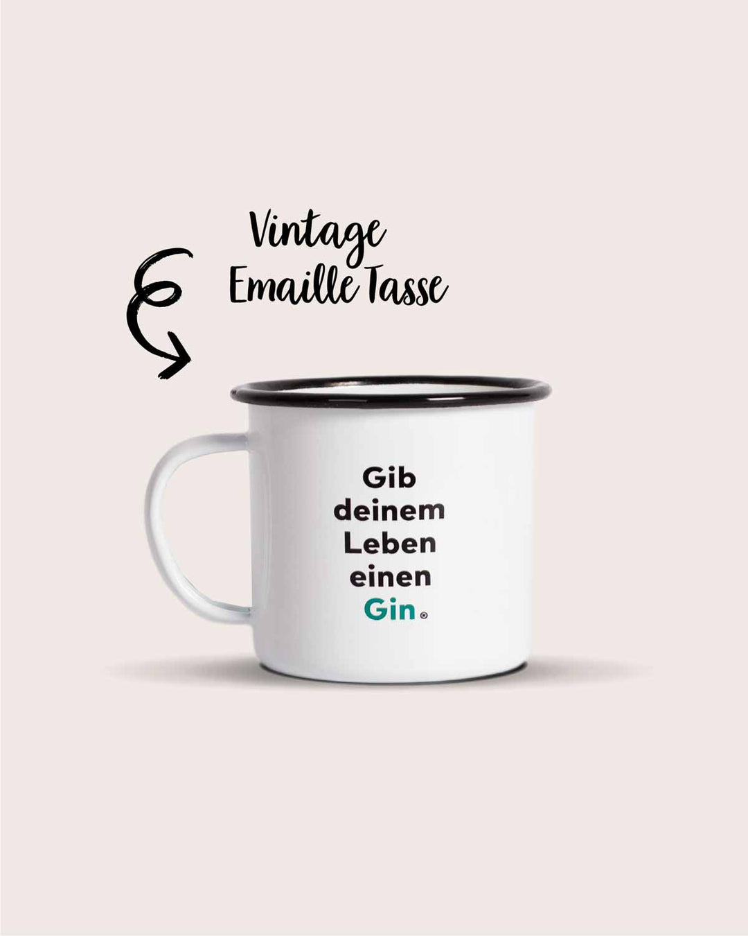 Die "Gib deinem Leben einen Gin" Vintage Emaille Tasse in weiß von Flaschenpost Gin