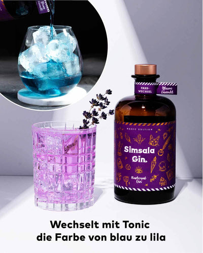 Unser Simsala Gin ist ein magischer Hingucker, den mit Tonic wechselt er die Farbe von blau zu lila. Perfekt, für einen ganz besonderen Gin Tonic, der jeden in seinen Bann zieht. 