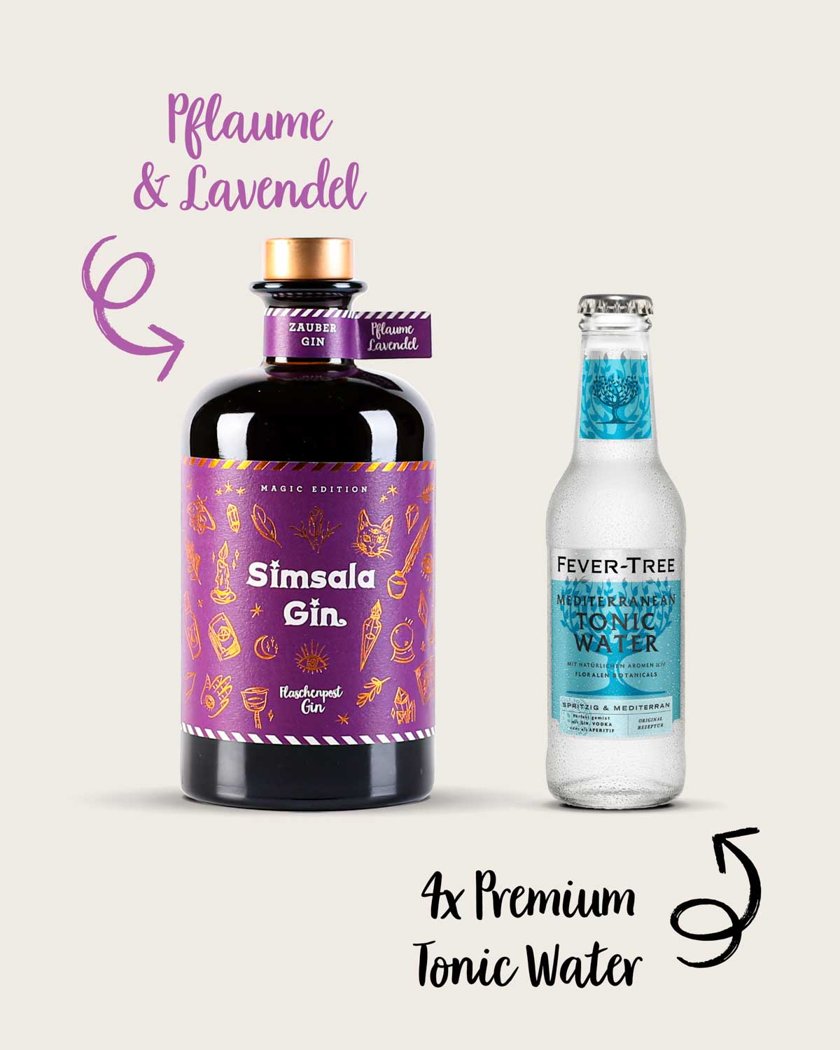 Unser Gin und Tonic Paket enthält vier Flaschen Premium Fever-Tree Tonic und eine Flasche des Simsala Gins von Flaschenpost Gin. Sobald du das Tonic hinzugibst, verwandelt sich der Gin von blau zu lila, eine faszinierender Farbwechsel. Die verwendeten Botanicals sind Pflaume und Lavendel, die zusammen eine harmonische Geschmackskombination erzeugen. 