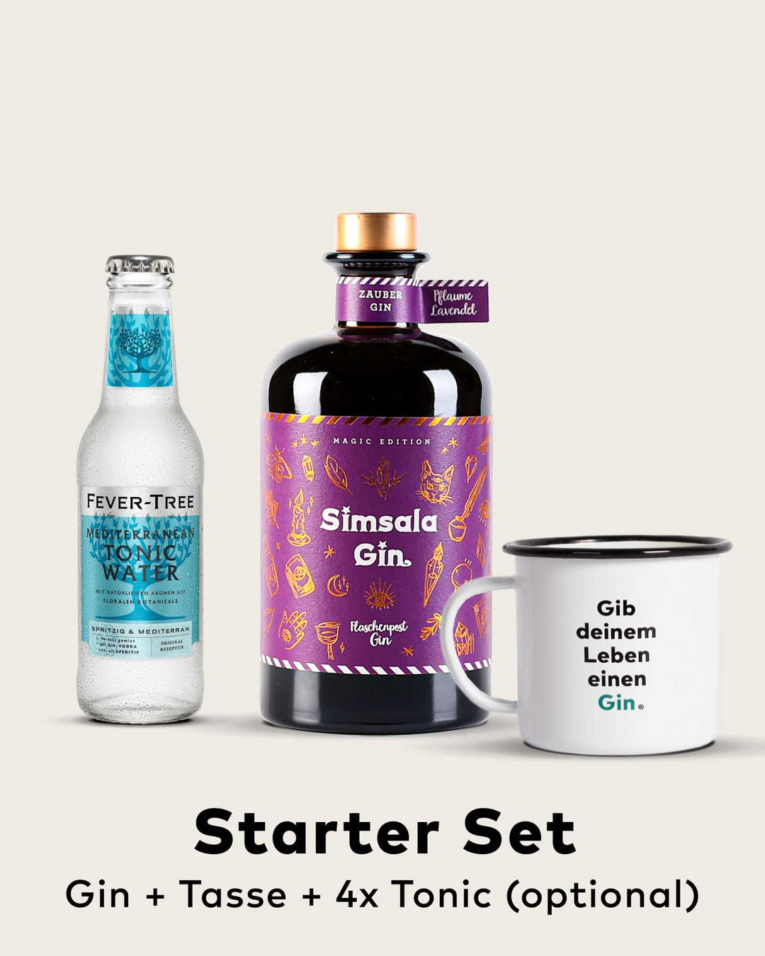 Das Starter Set für unseren Simsala Gin. Der Farbwechsel Gin von Flaschenpost Gin mit dem Geschmack von Pflaume und Lavendel. Er wechselt seine Farbe von Blau zu Lila, bei der Hinzugabe von Tonic. Im Starter-Set sind neben unserem magischem Gin, vier Flaschen Premium Tonic dabei sowie eine Camping Tasse mit dem Spruch: "Gib deinem Leben einen Gin". Ideal, um zu verschenken und direkt anzustoßen. 